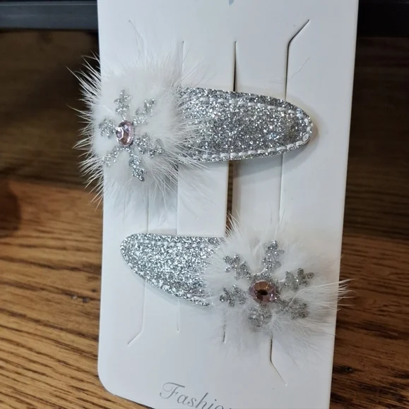 Silver Glitter Hair Clips with Snowflake Design - Picture 2 of 5